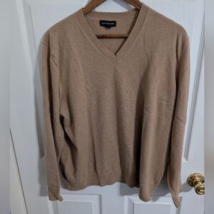 Lands End Mens Cashmere Sweater Brown Beige V Neck Long Sleeve Size Large